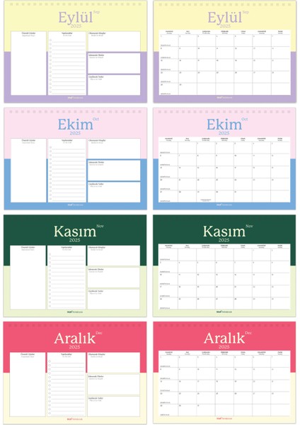 2025-2026 16 Aylık Akademik Masaüstü Planlayıcı Takvim modelleri