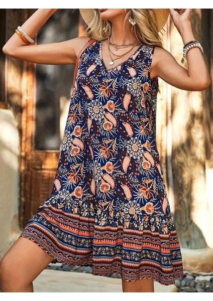 Kadın Askılı V Yakalı Fırfırlı Desenli Süprem Kısa Elbise fırsatları