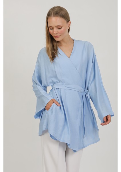 Doğal Viskon Kumaş Cepli Kemerli Kadın Kimono 1168 – Yakasız, Hafif, Dökümlü, Yazlık Model