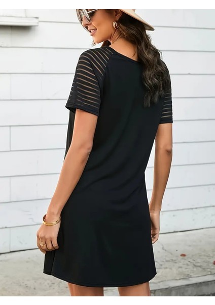 Kadın Kısa Kollu Yuvarlak Yaka Şerit Kol Detaylı Viskon Elbise modelleri