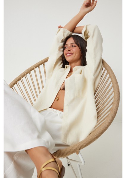 Oversize Basic Müslin Gömlek Açık Krem LMX0002