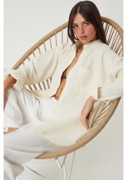Oversize Basic Müslin Gömlek Açık Krem LMX0002