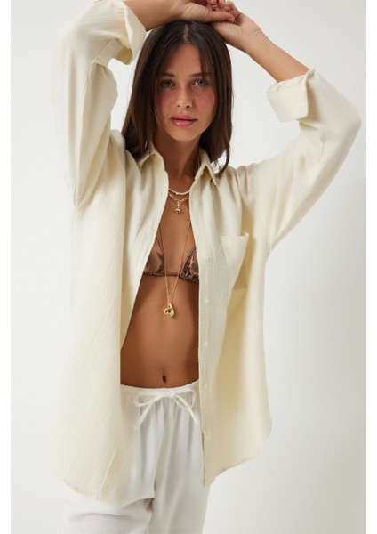 Oversize Basic Müslin Gömlek Açık Krem LMX0002