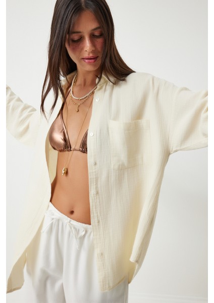 Oversize Basic Müslin Gömlek Açık Krem LMX0002