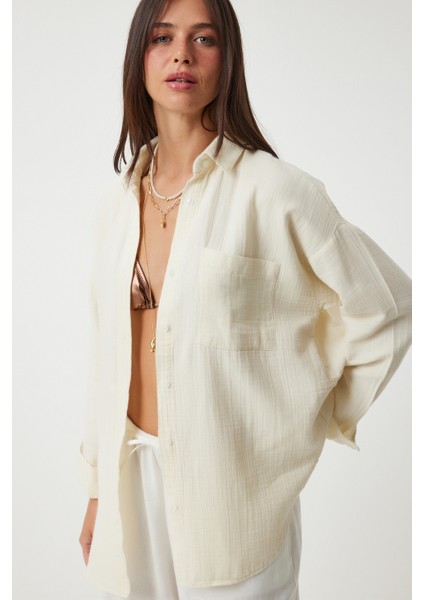 Oversize Basic Müslin Gömlek Açık Krem LMX0002