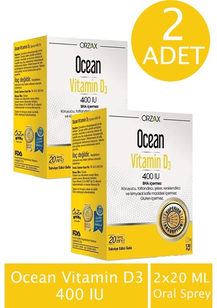 Ocean Vitamin D3 400 Iu Oral Sprey 20 ml 2 Adet