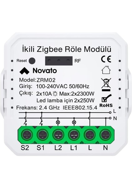 Mini Zigbee Iki Çıkışlı Anahtar (Tuya, Smart Life, Home Assistant, ZIGBEE2MQTT Uyumlu)