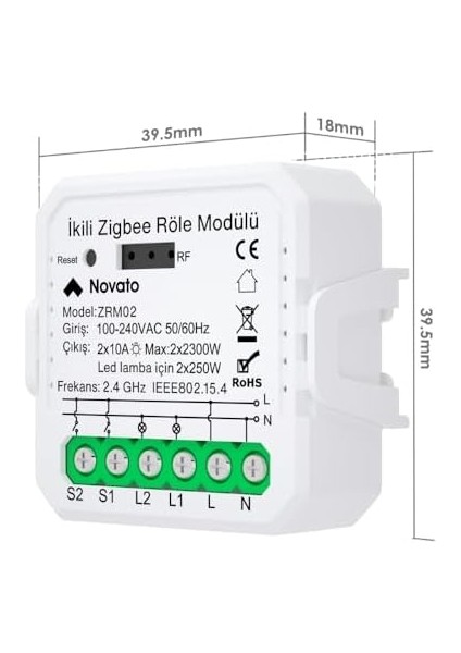 Mini Zigbee Iki Çıkışlı Anahtar (Tuya, Smart Life, Home Assistant, ZIGBEE2MQTT Uyumlu)