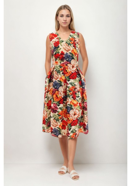 Çiçek Desen V Yaka Pileli Beli Bağlamalı Elbise
