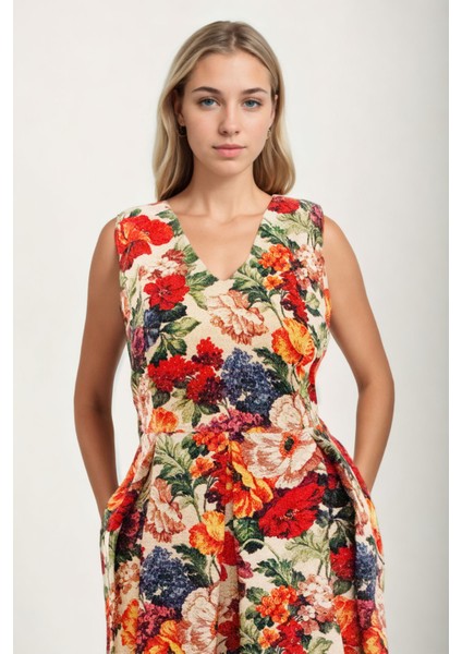 Çiçek Desen V Yaka Pileli Beli Bağlamalı Elbise fiyatları