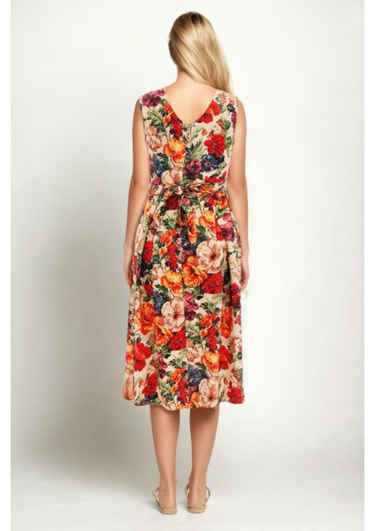 Çiçek Desen V Yaka Pileli Beli Bağlamalı Elbise modelleri