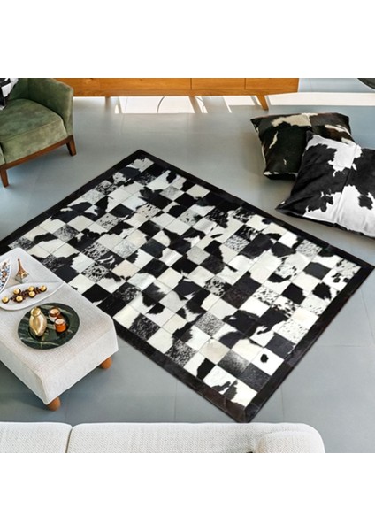 %100 Doğal Dana Derisi Kaymaz Taban Premium Patchwork Halı - Siyah Beyaz