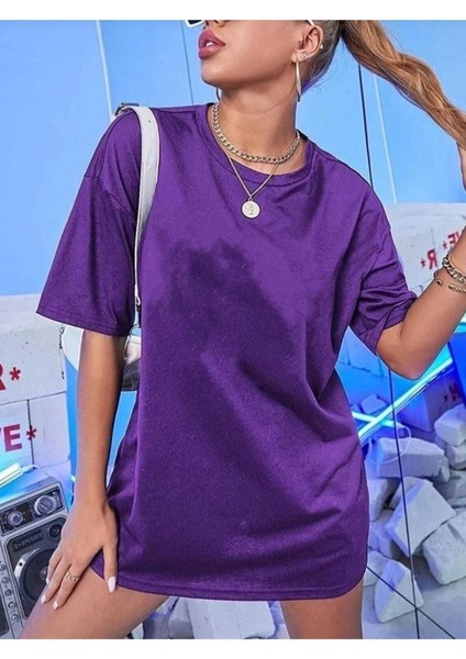 Oversize T-Shirt Baskılı Mor Renk