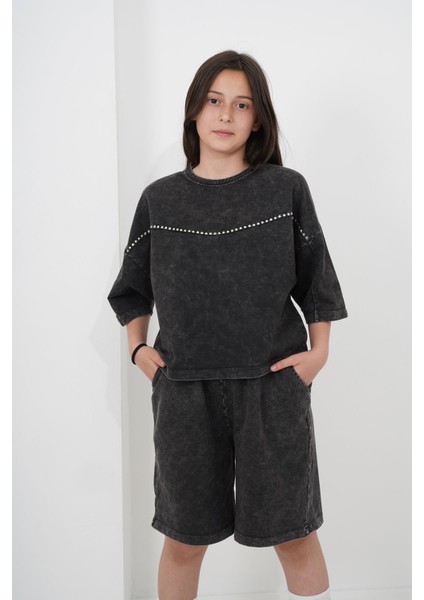 Kız Çocuk Oversize Yıkamalı Iki Iplik Kumaş Şortlu Takım