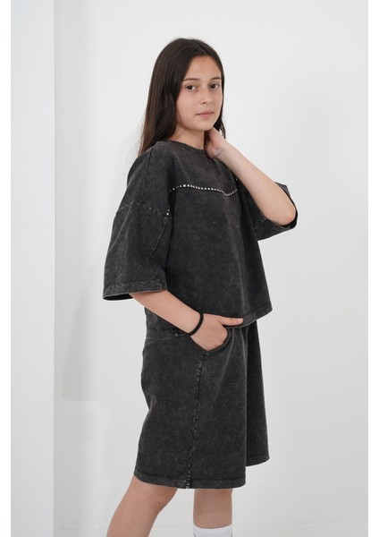 Kız Çocuk Oversize Yıkamalı Iki Iplik Kumaş Şortlu Takım modelleri