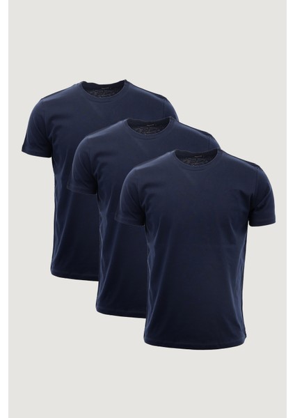 Slim Fit Dar Kesim Bisiklet Yaka %100 Pamuk 3'lü T-Shirt Paketi Lacivert - Lacivert - Lacivert