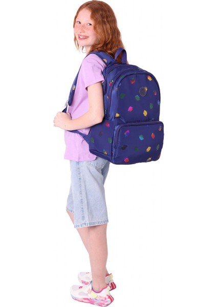 Shine Üç Bölmeli Lacivert Yaprak Desenli Sırt Çantası - K1778