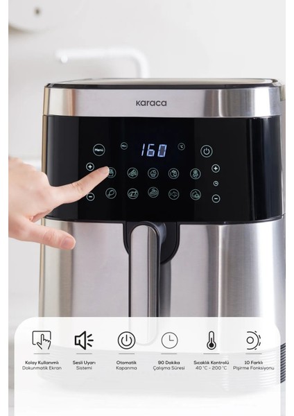 10 Farklı Pişirme Modu 9l Smart Screen Geniş Hazne Inox Airfryer 8 Kişilik