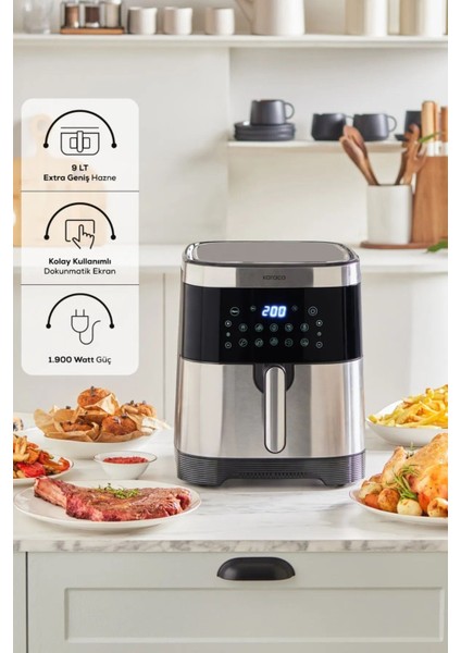 10 Farklı Pişirme Modu 9l Smart Screen Geniş Hazne Inox Airfryer 8 Kişilik