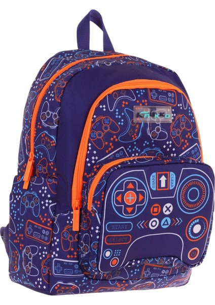 Kids Üç Bölmeli (Lacivert Turuncu - Oyun Desenli) Erkek Çocuk Okul ve Günlük Sırt Çantası - L5281