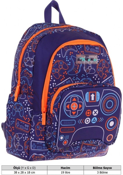 Kids Üç Bölmeli (Lacivert Turuncu - Oyun Desenli) Erkek Çocuk Okul ve Günlük Sırt Çantası - L5281 fırsatları