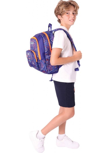 Kids Üç Bölmeli (Lacivert Turuncu - Oyun Desenli) Erkek Çocuk Okul ve Günlük Sırt Çantası - L5281 indirimleri