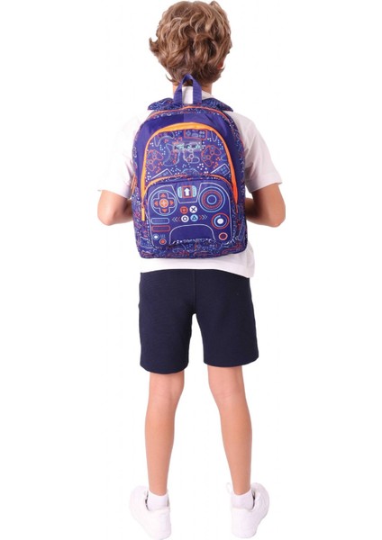 Kids Üç Bölmeli (Lacivert Turuncu - Oyun Desenli) Erkek Çocuk Okul ve Günlük Sırt Çantası - L5281