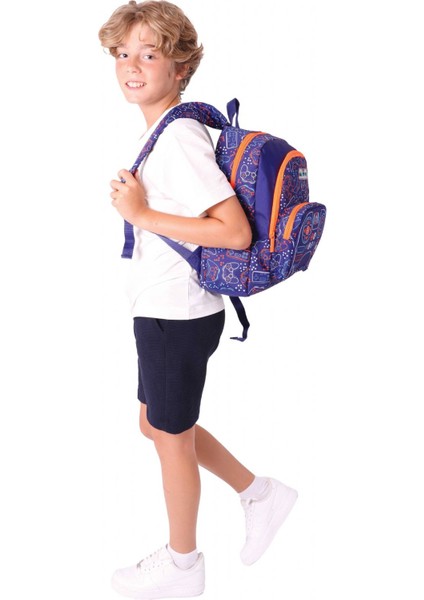 Kids Üç Bölmeli (Lacivert Turuncu - Oyun Desenli) Erkek Çocuk Okul ve Günlük Sırt Çantası - L5281