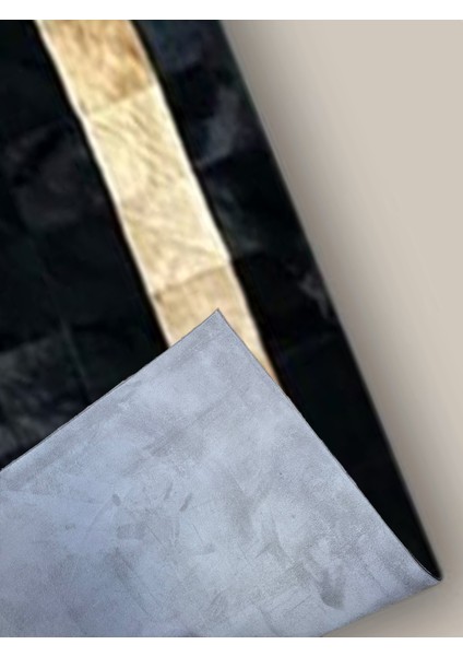 %100 Doğal Dana Derisi Kaymaz Taban Premium Patchwork Halı - Siyah Gold fırsatları