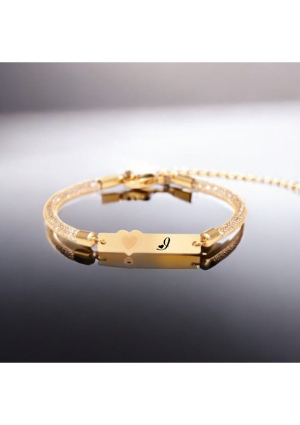 I Harfine Özel Kalp Motifli 14 Ayar Altın Plakalı Hasır Kordonlu Hediye Bileklik-457Harf