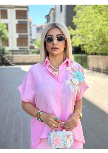 26488 Göğüs Çiçekli Gömlekli Panton Takım Pembe