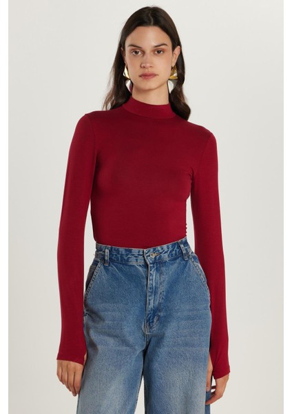 Kadın Regular Fit Klasik Kesim Viskon Kumaş Balıkçı Yaka Bordo Bluz