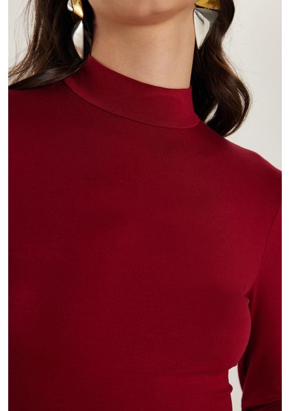 Kadın Regular Fit Klasik Kesim Viskon Kumaş Balıkçı Yaka Bordo Bluz modelleri