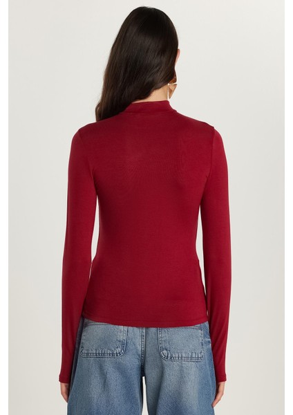 Kadın Regular Fit Klasik Kesim Viskon Kumaş Balıkçı Yaka Bordo Bluz indirimleri