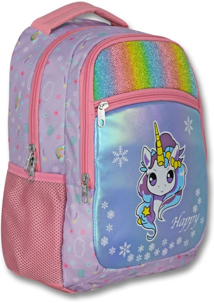 Üç Gözlü Kız Çocuk Ilkokul Çantası - Gökkuşağı Unicorn - Turkuaz Pembe - 5015