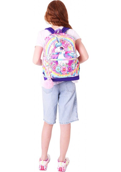 Dört Bölmeli (Kız Çocuk - Pembe Mor - Unicorn Baskılı) - Ilkokul Okul Sırt Çantası - L5249