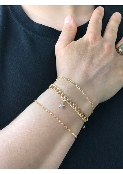 3'lü Çelik Gold Bileklik Seti