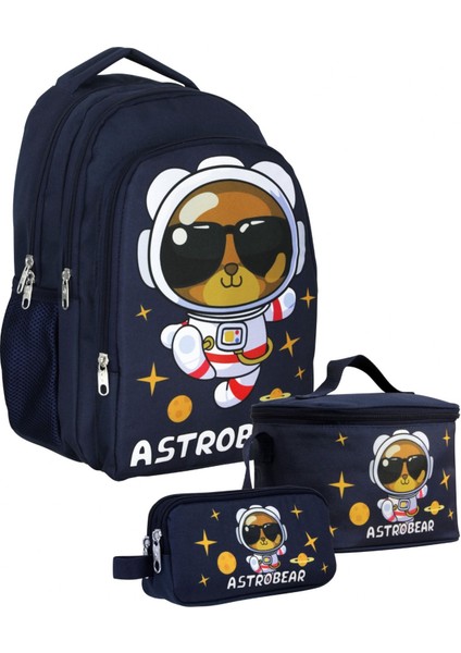 Üç Bölmeli Erkek Çocuk Astronot Ayıcık Üçlü Okul Çanta Seti - Lacivert Beyaz - SETUMT5045A