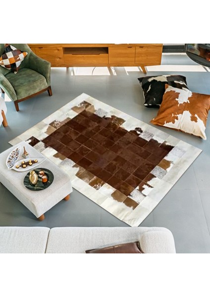 %100 Doğal Dana Derisi Kaymaz Taban Premium Patchwork Halı - Kahverengi - Beyaz