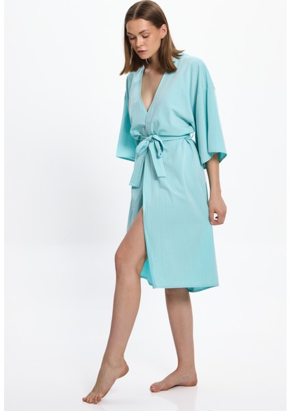 Kadın Mint Yeşili Çizgili Uzun Kimono 25PL05ST modelleri