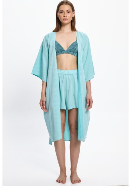 Kadın Mint Yeşili Çizgili Uzun Kimono 25PL05ST