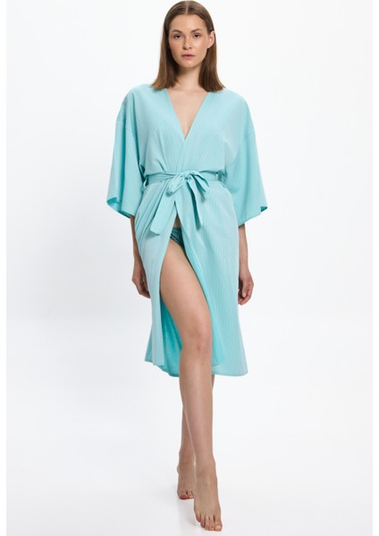 Kadın Mint Yeşili Çizgili Uzun Kimono 25PL05ST