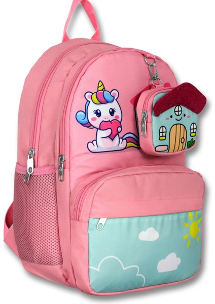 Cennec 5051 (Unicorn - Pembe Yeşil - Kız Çocuk) Okul Çantası - Sevimli Anahtarlık Dahil