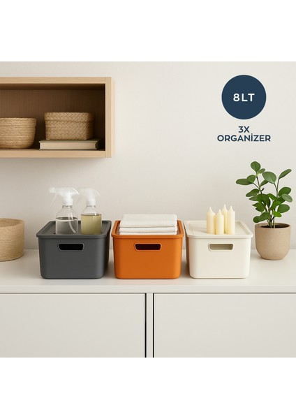 Luno 3'lü Set Kapaklı Organizer Saklama Kutusu 8 Lt