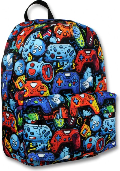 Erkek Çocuklar Için Mavi Turuncu Renkli Oyun Konsolu Baskılı Okul Çantası - 5092