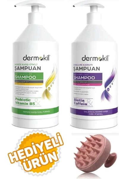 Dermokil Şampuan Kepeğe Karşı Etkili 1000 Ml+ Dökülmekarşıtı 1000 ml + Saç Masaj Tarağı