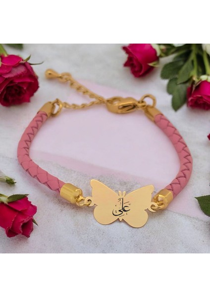 Hz Ali Temalı Pembe Derili Kelebek Motifli 14 Ayar Altın Plakalı Hediye Bileklik-455SEMBOL fiyatları