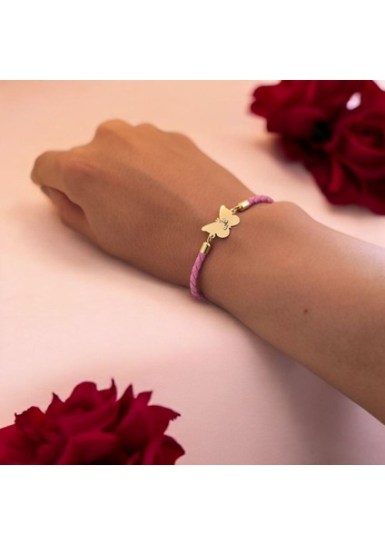 Hz Ali Temalı Pembe Derili Kelebek Motifli 14 Ayar Altın Plakalı Hediye Bileklik-455SEMBOL fırsatları