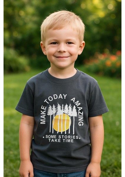 Erkek Çocuk %100 Pamuklu Baskılı Kısa Kollu Tişört - Koyu Gri (3-4 Yaş 8-9 Yaş)