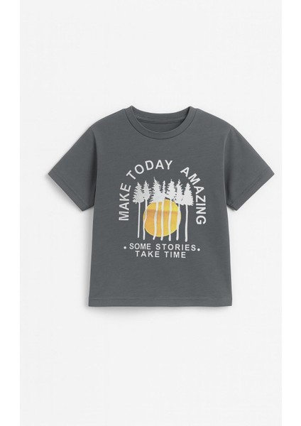 Erkek Çocuk %100 Pamuklu Baskılı Kısa Kollu Tişört - Koyu Gri (3-4 Yaş 8-9 Yaş) fiyatları